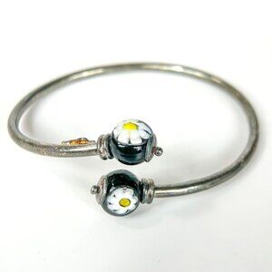 Vintage Sterling Silver Bangle Bracelet Black Art Glass Flower Daisy Beads